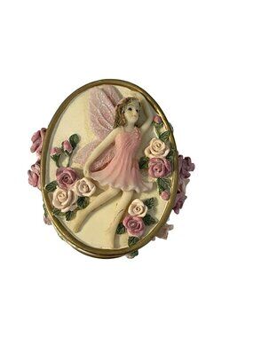 Dezine Fairy Trinket Box Pink Roses Jewelry Box Glitter Lid Vintage 2000 Oval